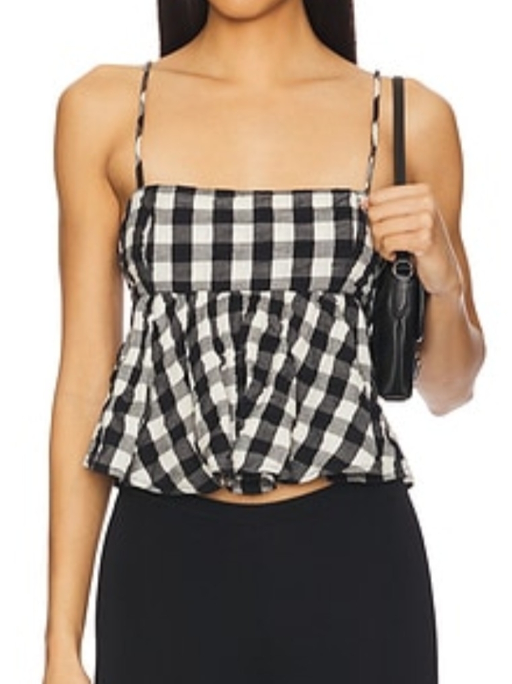 Free People Black & White Gingham Smocked Babydoll Cami Top, SZ L, NWT